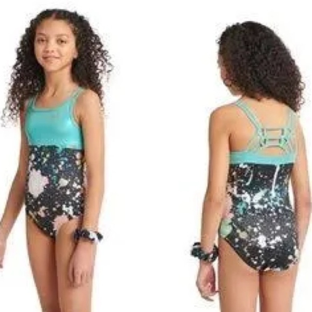 Justice Girls' Splatter Dance Gymnastics Leotard with Scrunchie Sz. M (10) NWT!